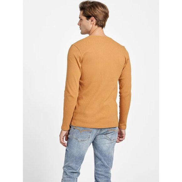 GUESS Men’s Todd Long-Sleeve Henley Size M In Burnt Camel - Picture 2 of 8